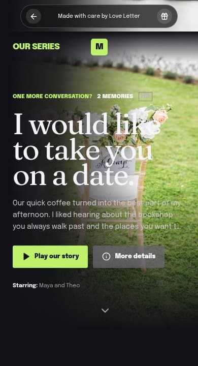 An ask-her-out website opening with a personal invitation in the Our Series template