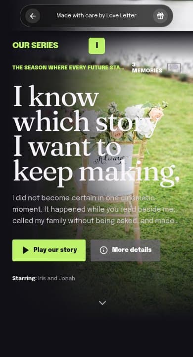 A personal proposal website opening with Iris and Jonah's relationship story
