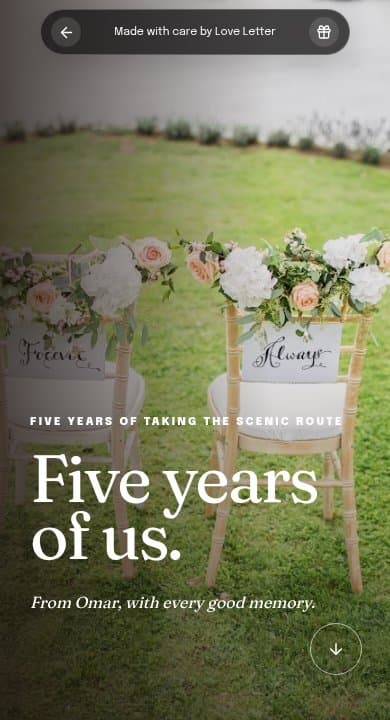 Leena and Omar's anniversary website opening in the Our Story template