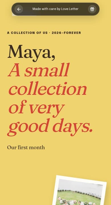 A first-month monthsary website opening in the yellow Scrapbook template